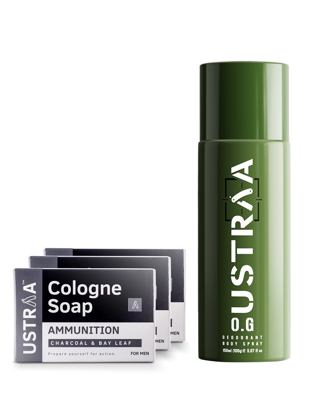 Ustraa Men Set of O.G. Deodorant Body Spray 150 ml + 3 Ammunition Cologne Soaps 125 g Each, Green
Ustraa Men Set of O.G. Deodorant Body Spray 150 ml + 3 Ammunition Cologne Soaps 125 g Each, Green
