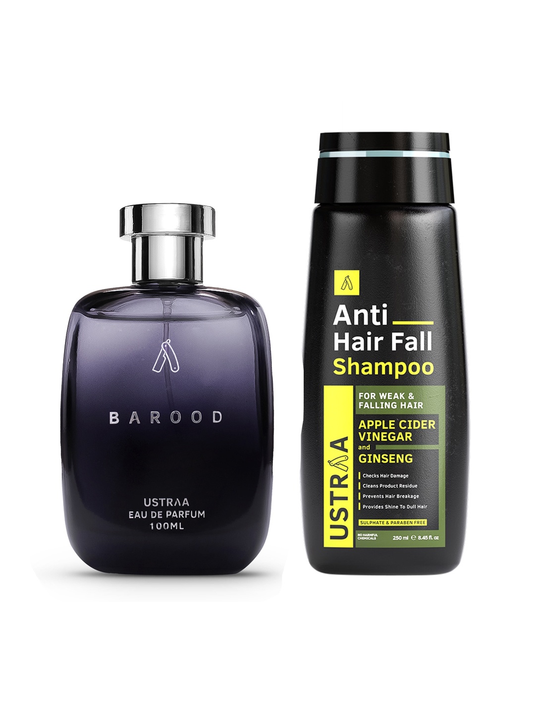 Ustraa Men Set of Anti Hair Fall Shampoo 250 ml + Barood Eau De Parfum 100 ml, Black
Ustraa Men Set of Anti Hair Fall Shampoo 250 ml + Barood Eau De Parfum 100 ml, Black