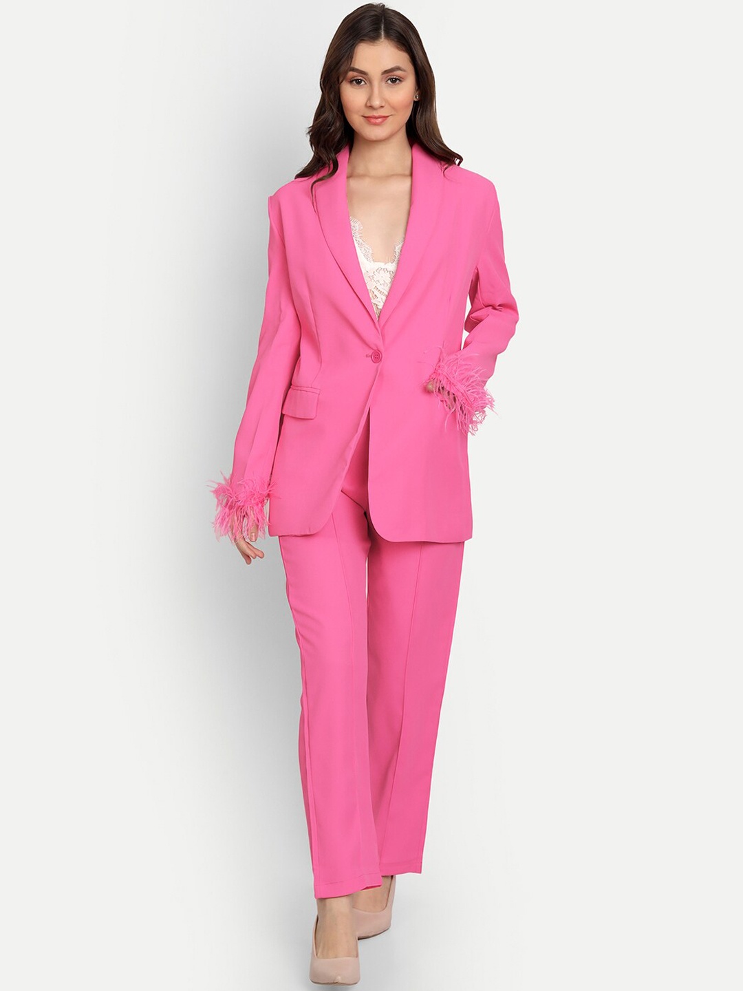 iki chic Women Pink Solid Single-Breasted 2-Piece Suits