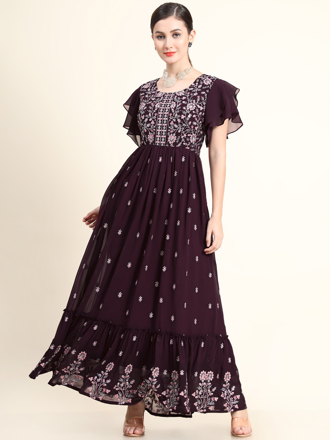 KALINI Women Purple Embroidered Maxi Dress, Magenta