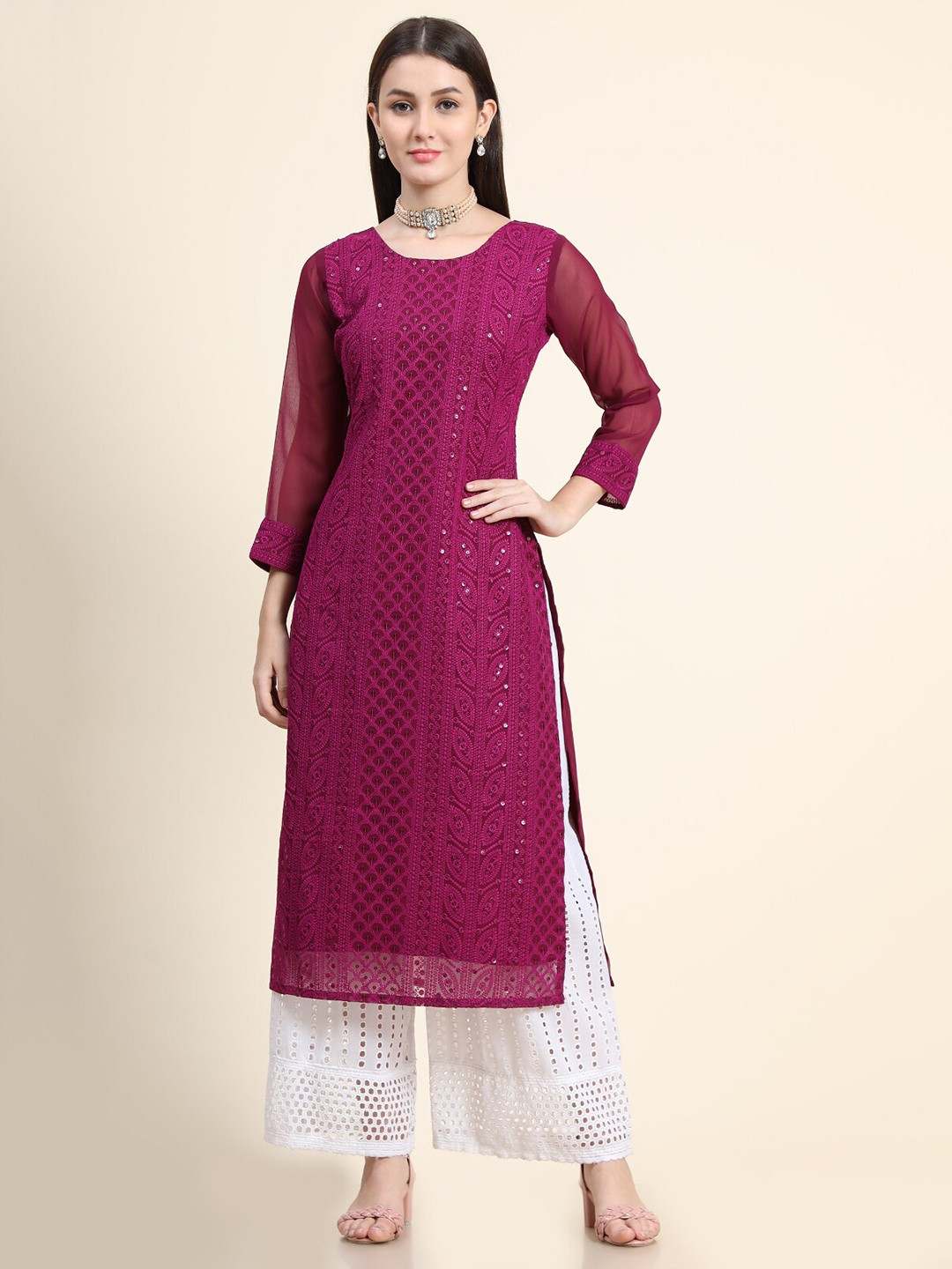 KALINI Women Pink Ethnic Motifs Embroidered Chikankari Georgette Kurta