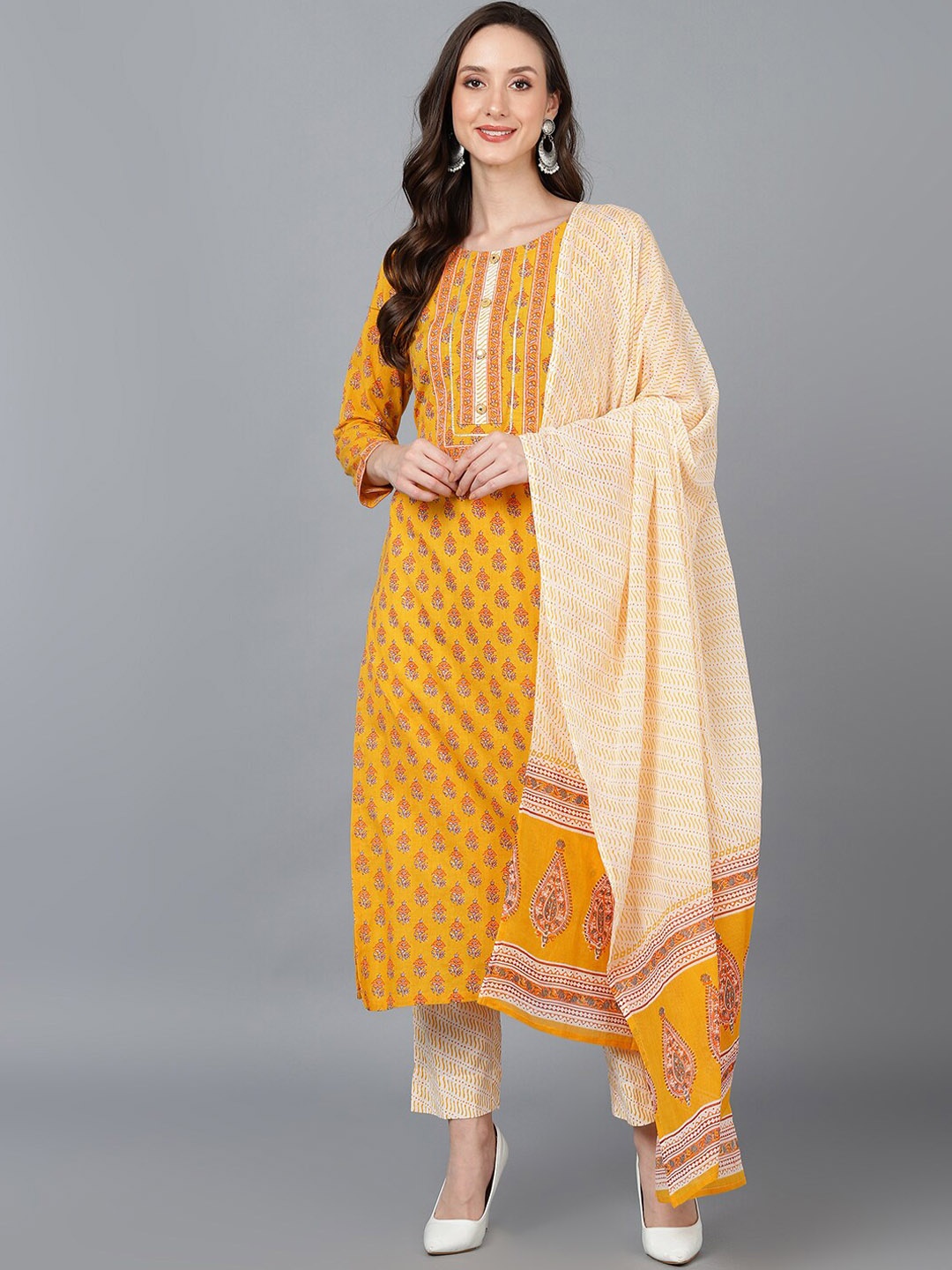 AHIKA Women Mustard Yellow Floral Printed Pure Cotton Kurta with Trouser With Dupatta
AHIKA Women Mustard Yellow Floral Printed Pure Cotton Kurta with Trouser With Dupatta