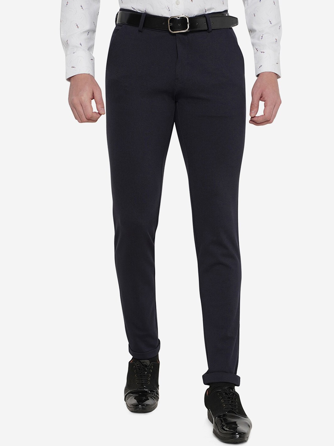 JB STUDIO Men Navy Blue Solid Cotton Slim Fit Formal Trousers