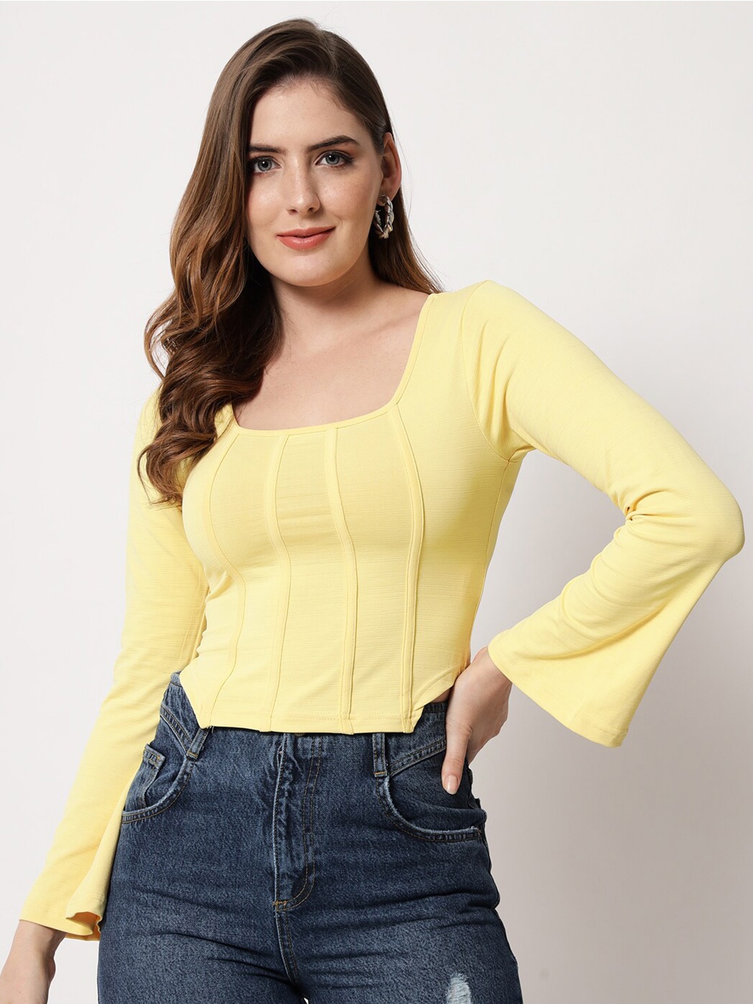 angloindu Yellow Solid Scoop Neck Long Sleeve Crop Top