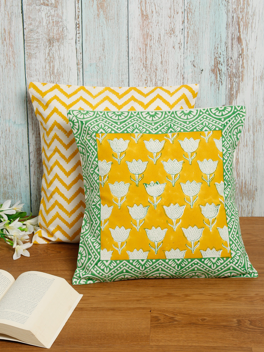 EK BY EKTA KAPOOR Set of 2 Yellow & Green Cotton Hand Block Print Square Cushion Covers 
EK BY EKTA KAPOOR Set of 2 Yellow & Green Cotton Hand Block Print Square Cushion Covers