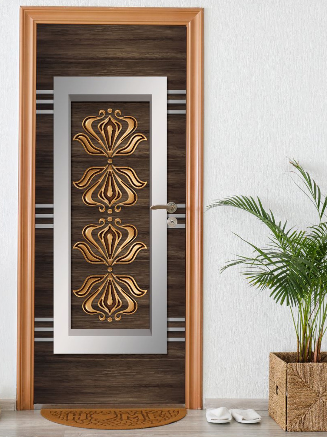 Asian Paints Brown & White Golden Lotus Mural Door Medium Removable Sticker