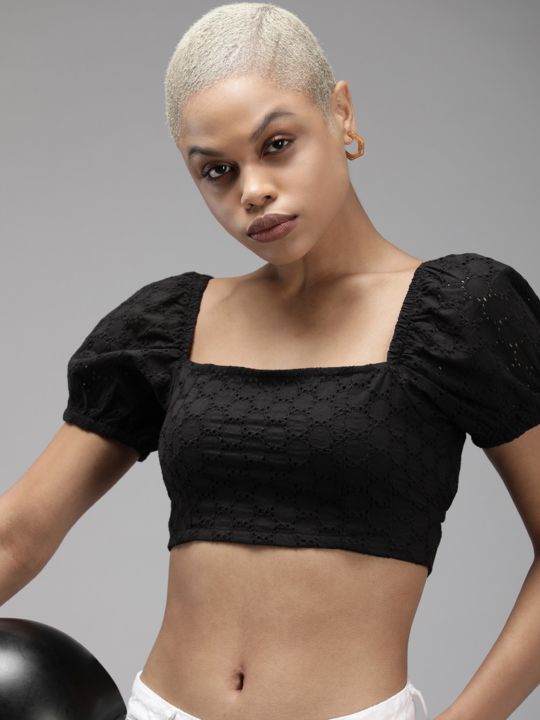 The Roadster Life Co. Self Design Puff Sleeve Cotton Styled Back Schiffli Crop Top, Black
The Roadster Life Co. Self Design Puff Sleeve Cotton Styled Back Schiffli Crop Top, Black
