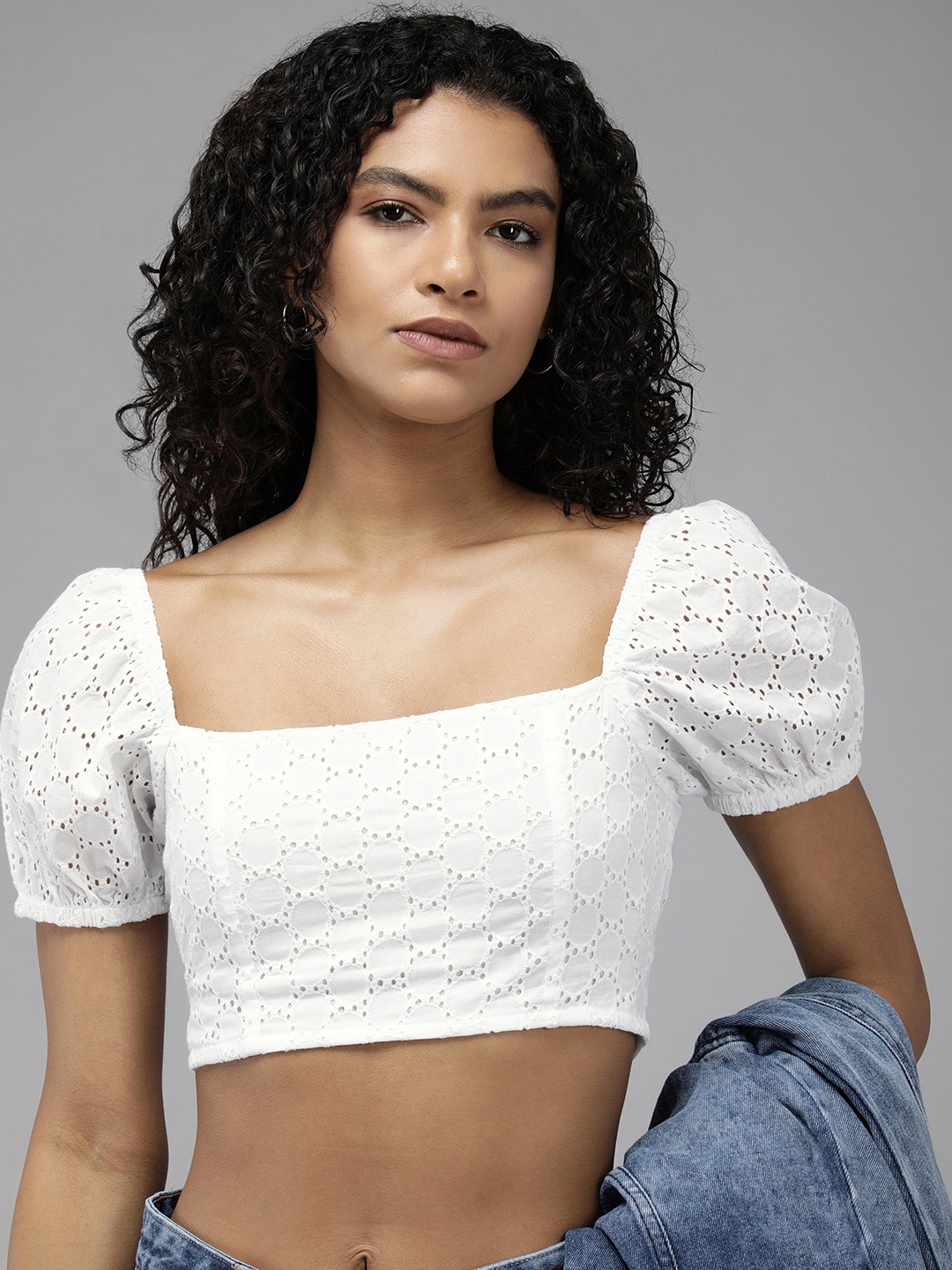 The Roadster Life Co. Self Design Puff Sleeve Cotton Styled Back Schiffli Crop Top, White
The Roadster Life Co. Self Design Puff Sleeve Cotton Styled Back Schiffli Crop Top, White
