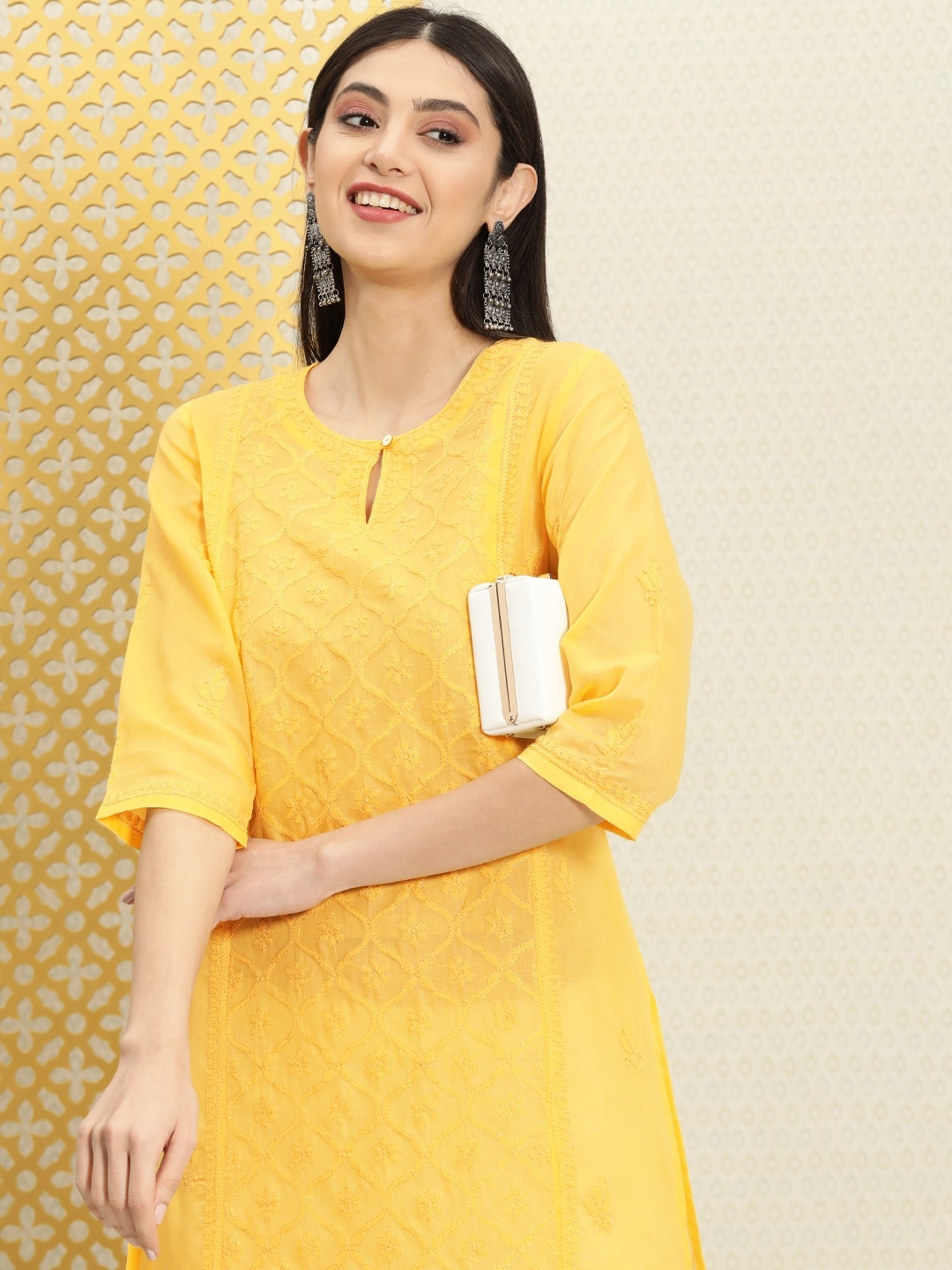 House of Pataudi Women Ethnic Motifs Chikankari Keyhole Neck Thread Work Jashn Kurta, Yellow
House of Pataudi Women Ethnic Motifs Chikankari Keyhole Neck Thread Work Jashn Kurta, Yellow