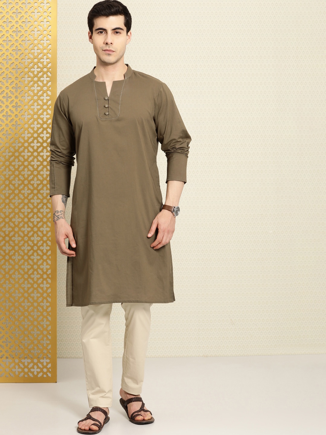 House of Pataudi Men Rozana Kurta, Olive