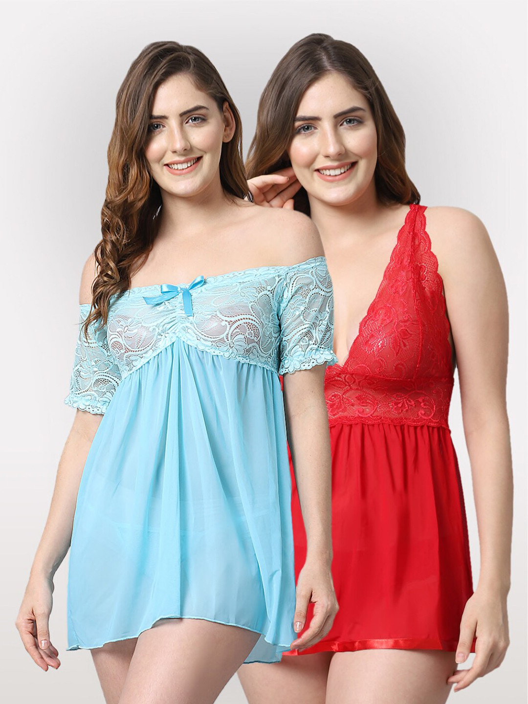 Shararat Women Set Of 2 Blue & Red Lace Baby Dolls 
Shararat Women Set Of 2 Blue & Red Lace Baby Dolls