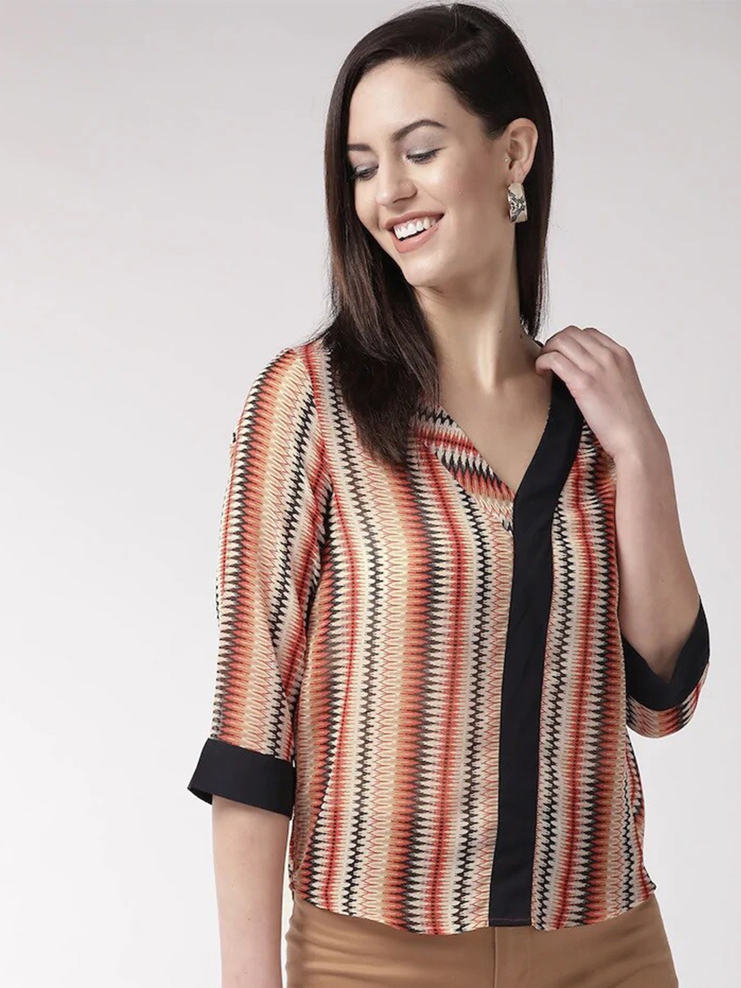 SQew Beige & Red Print Pure Silk Georgette Top