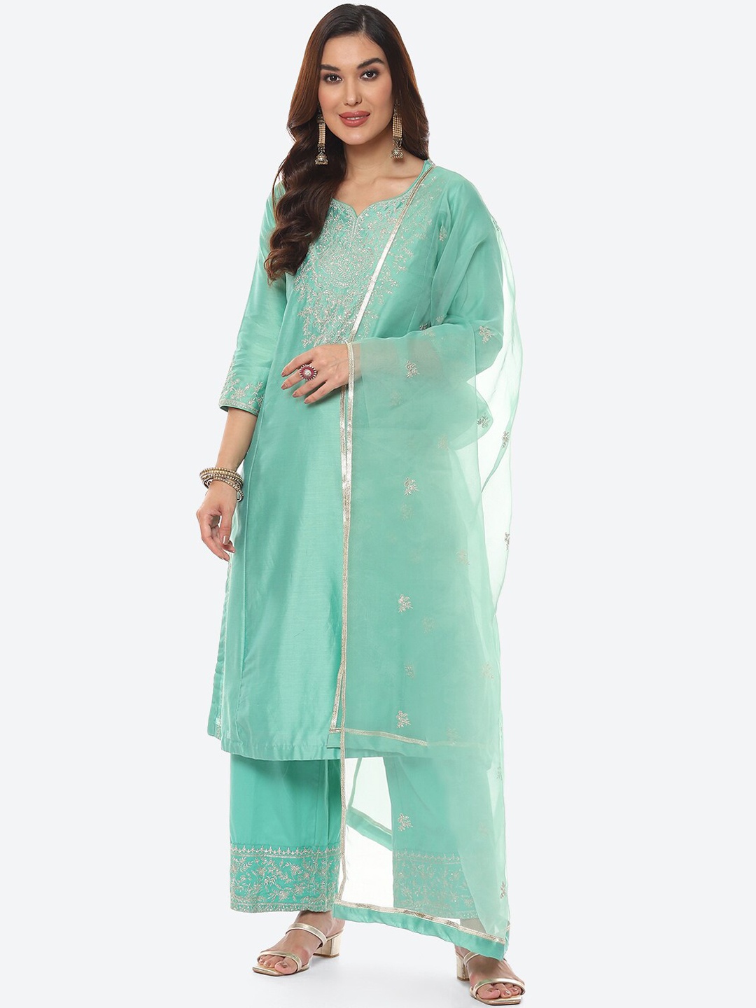 Biba Women Green Floral Embroidered Chanderi Silk Kurta with Palazzos & With Dupatta
Biba Women Green Floral Embroidered Chanderi Silk Kurta with Palazzos & With Dupatta