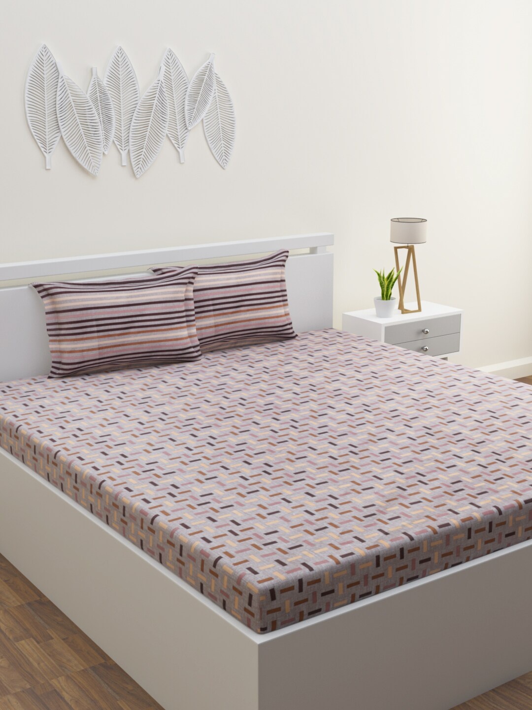HOME AFFAIRS Brown & Purple Geometric 144 TC Pure Cotton Queen Bedsheet &2 Pillow Covers
HOME AFFAIRS Brown & Purple Geometric 144 TC Pure Cotton Queen Bedsheet &2 Pillow Covers