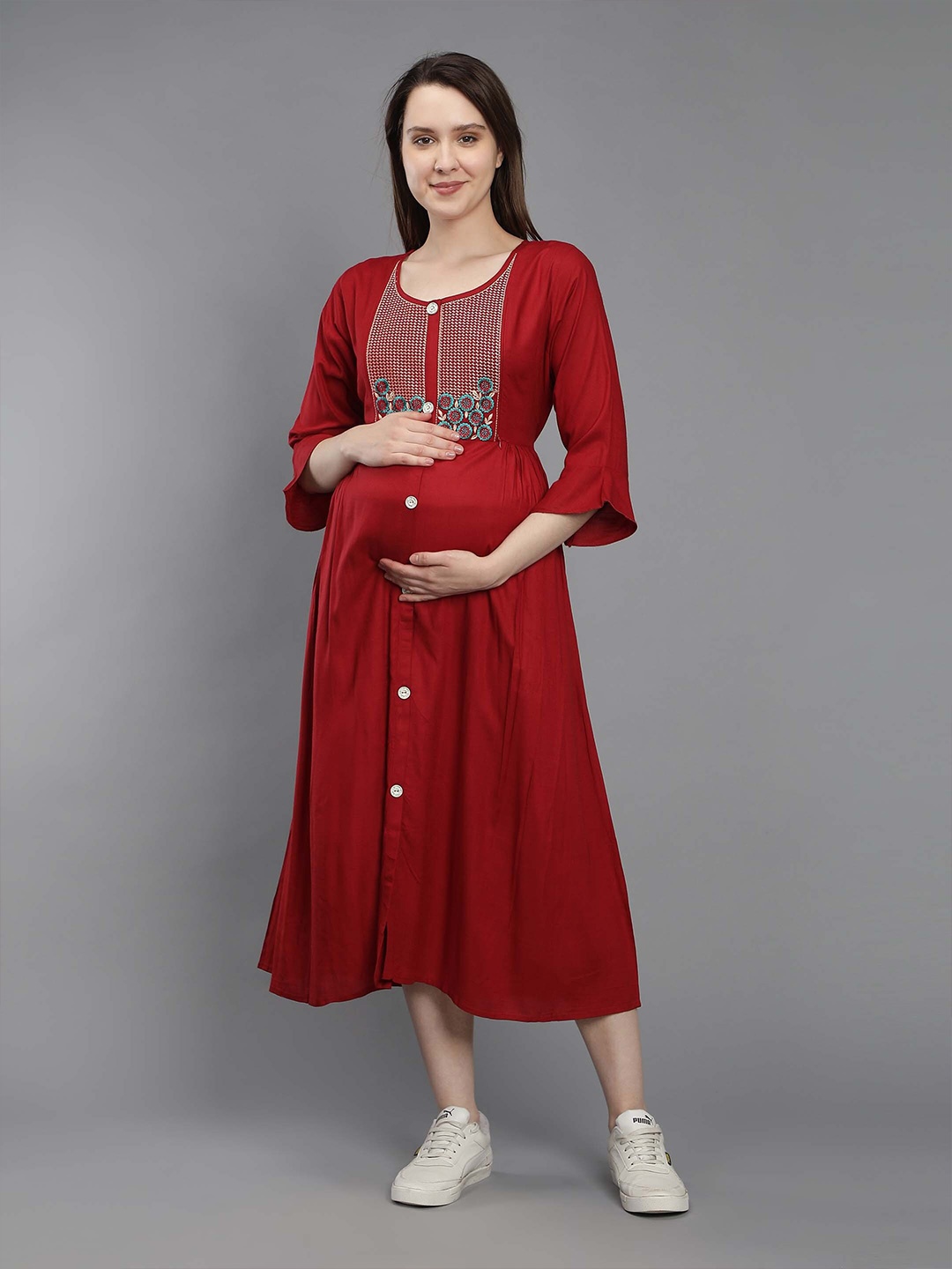 NIGHTSPREE Women Red Floral Maternity A-Line Midi Dress
