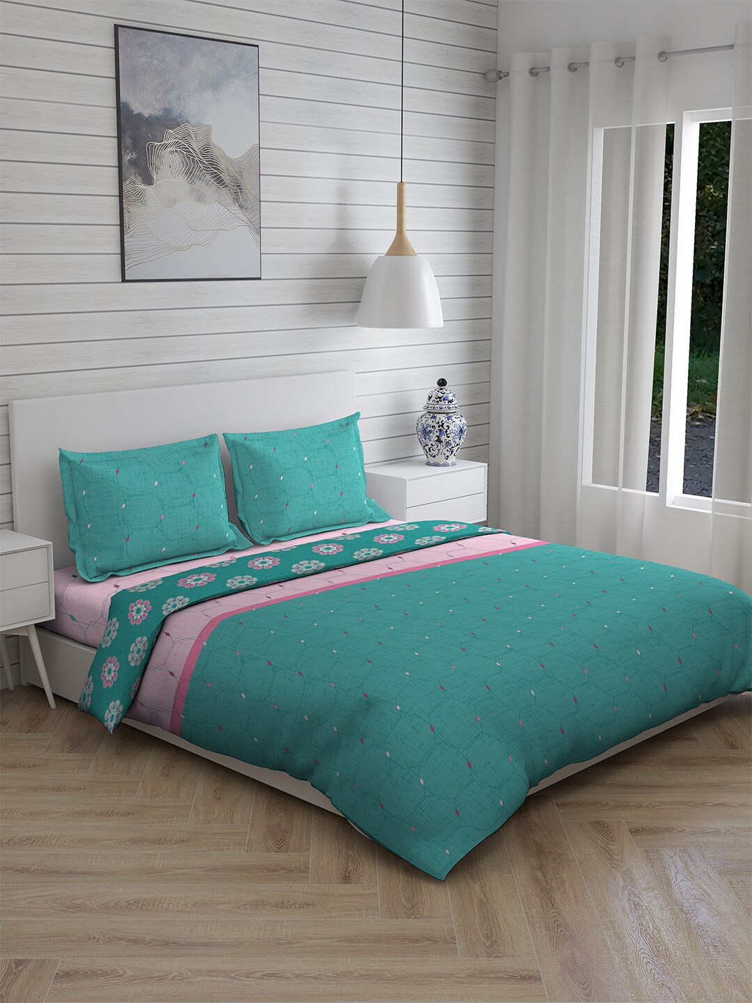 Layers Green & Pink Printed Pure Cotton 146 TC Double King Bedding Set With Comforter
Layers Green & Pink Printed Pure Cotton 146 TC Double King Bedding Set With Comforter
