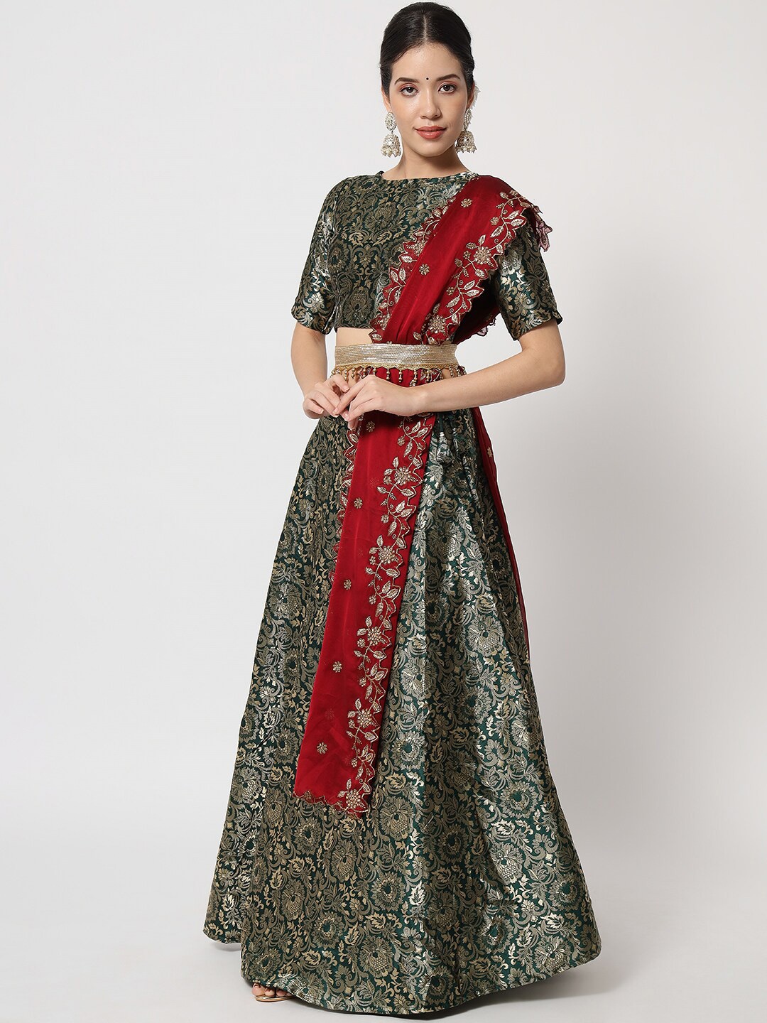 DIVASTRI Green & Maroon Woven Design Semi-Stitched Lehenga Unstitched Blouse With Dupatta
DIVASTRI Green & Maroon Woven Design Semi-Stitched Lehenga Unstitched Blouse With Dupatta