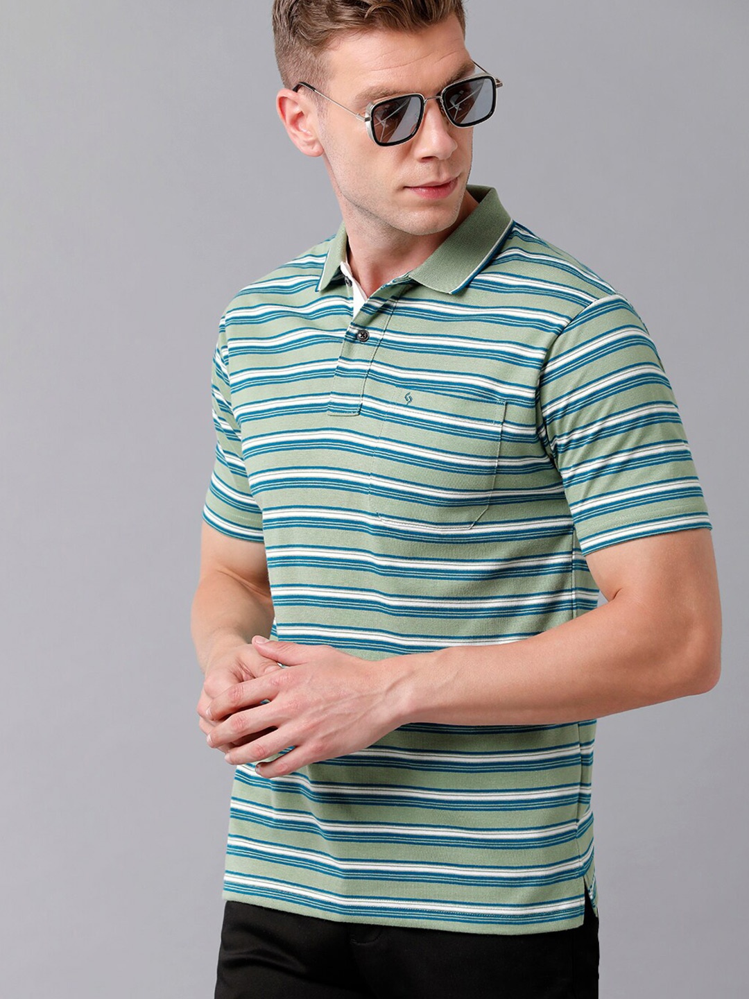Classic Polo Men Green Striped Polo Collar Cotton T-shirt