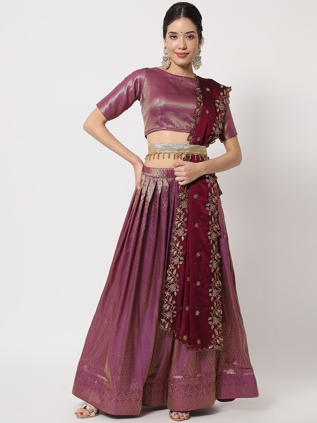 DIVASTRI Purple & Gold Woven Design Ready to Wear Lehenga & Unstitched Blouse With Dupatta
DIVASTRI Purple & Gold Woven Design Ready to Wear Lehenga & Unstitched Blouse With Dupatta