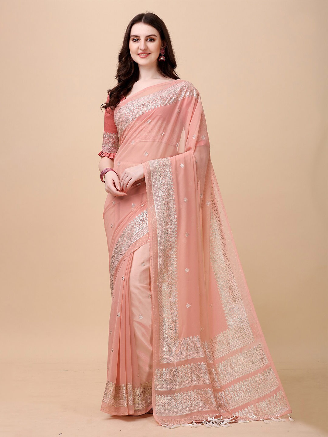 Anjaneya Sarees Peach-Coloured & Silver-Toned Ethnic Motifs Silk Blend Banarasi Saree
Anjaneya Sarees Peach-Coloured & Silver-Toned Ethnic Motifs Silk Blend Banarasi Saree