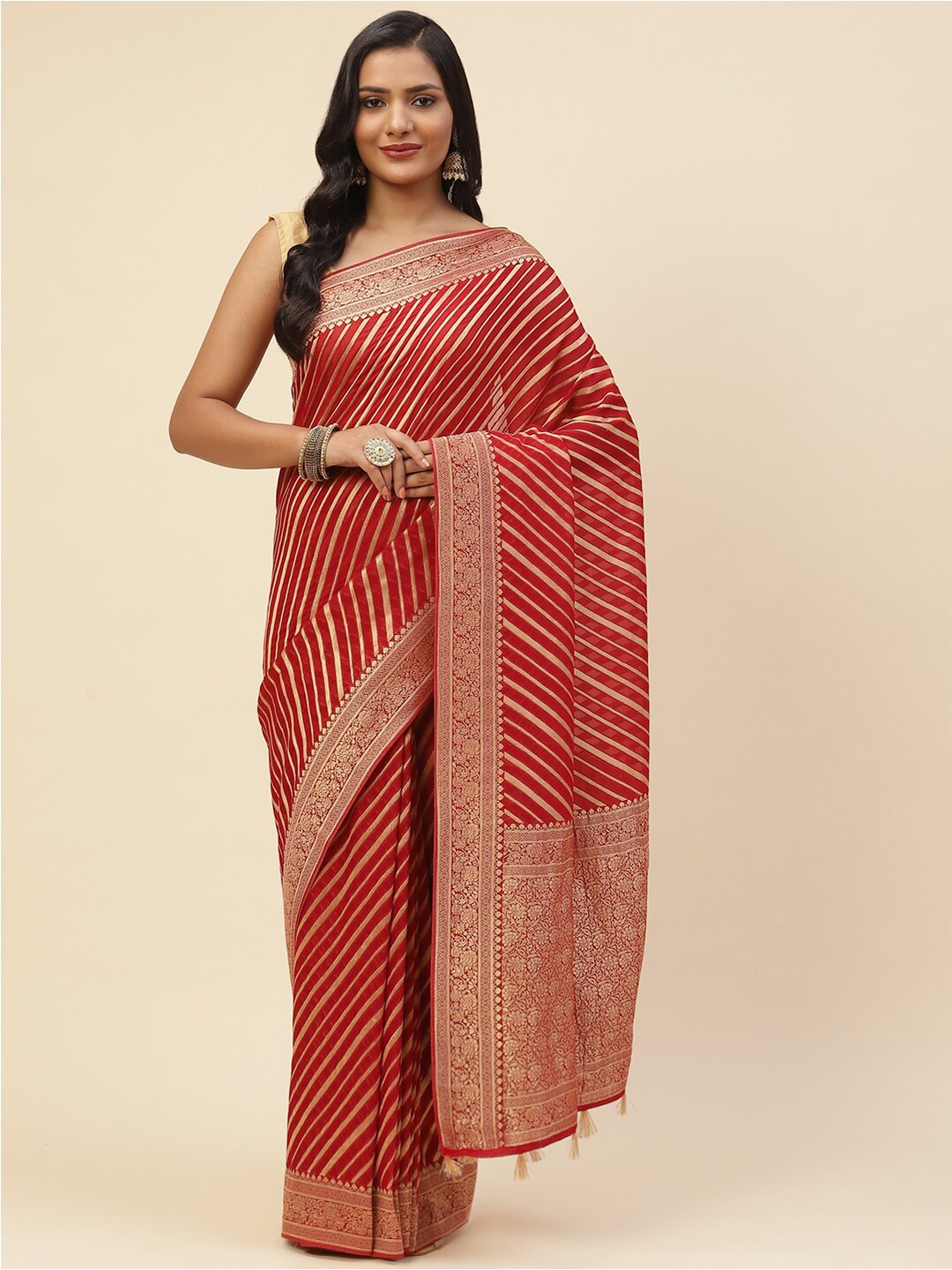 Meena Bazaar Women Red & Gold-Toned Saree