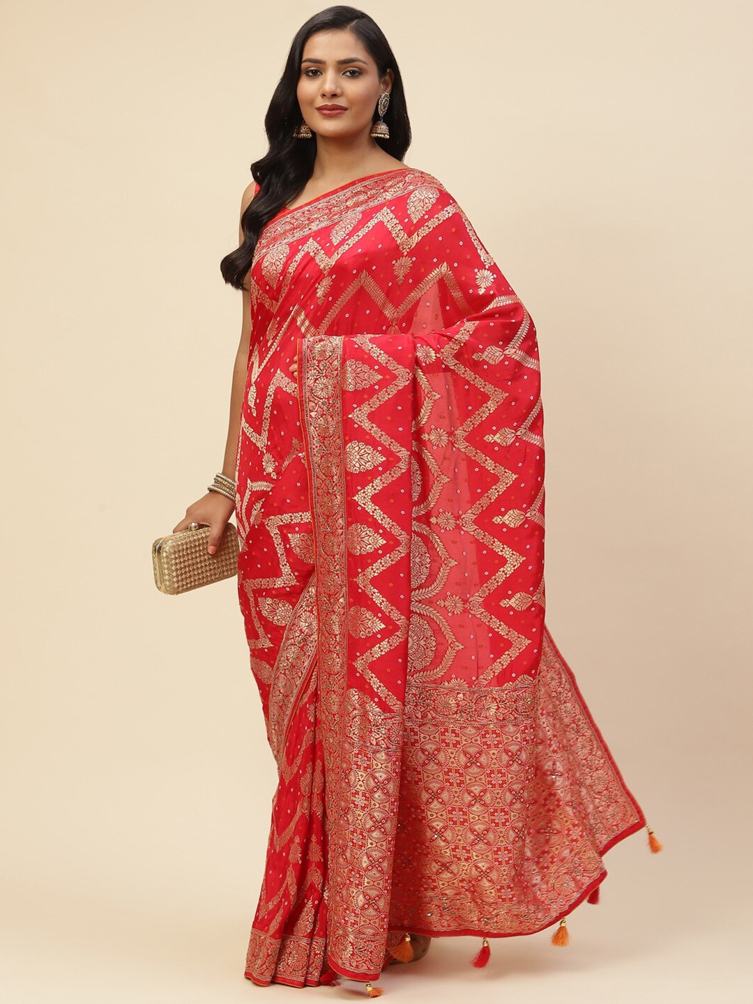Meena Bazaar Red & Gold-Toned Woven Design Beads and Stones Art Silk Banarasi Saree
Meena Bazaar Red & Gold-Toned Woven Design Beads and Stones Art Silk Banarasi Saree
