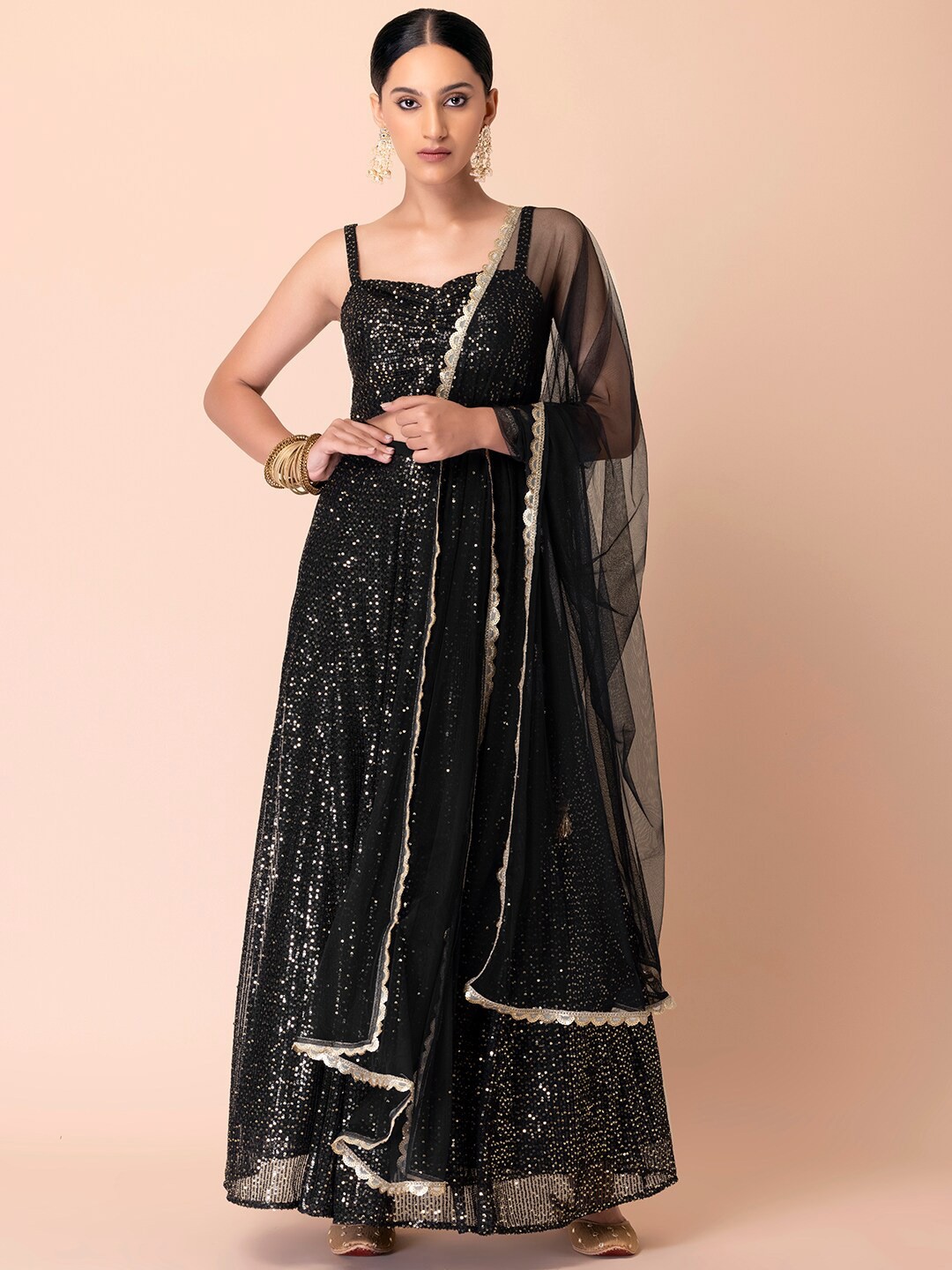 Indya Luxe Women Black Embellished Sequinned Ready to Wear Lehenga & Blouse With Dupatta