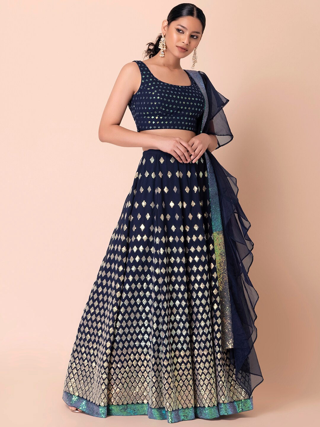 Indya Luxe Navy Blue & Gold-Toned Embroidered Sequinned Lehenga & Blouse With Dupatta
Indya Luxe Navy Blue & Gold-Toned Embroidered Sequinned Lehenga & Blouse With Dupatta