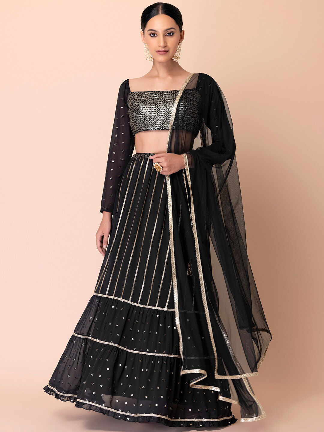 Indya Luxe Black & Gold-Toned Embroidered Sequinned Lehenga & Blouse With Dupatta
Indya Luxe Black & Gold-Toned Embroidered Sequinned Lehenga & Blouse With Dupatta