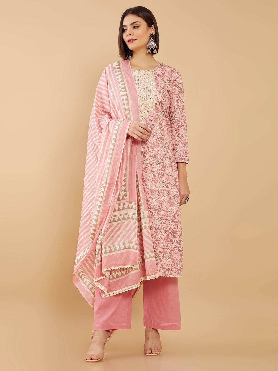 Soch Pink & Off White Printed Unstitched Dress Material