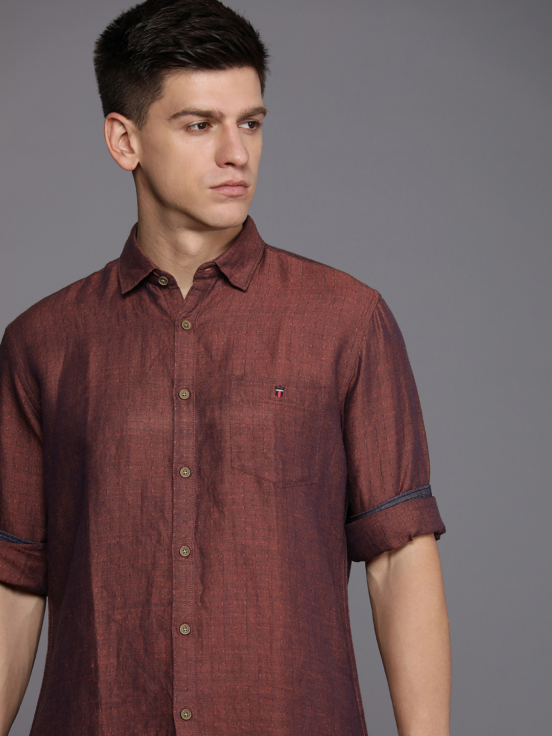 Louis Philippe Jeans Linen Cotton Self Design Textured Slim Fit Opaque Casual Shirt, Maroon 
Louis Philippe Jeans Linen Cotton Self Design Textured Slim Fit Opaque Casual Shirt, Maroon