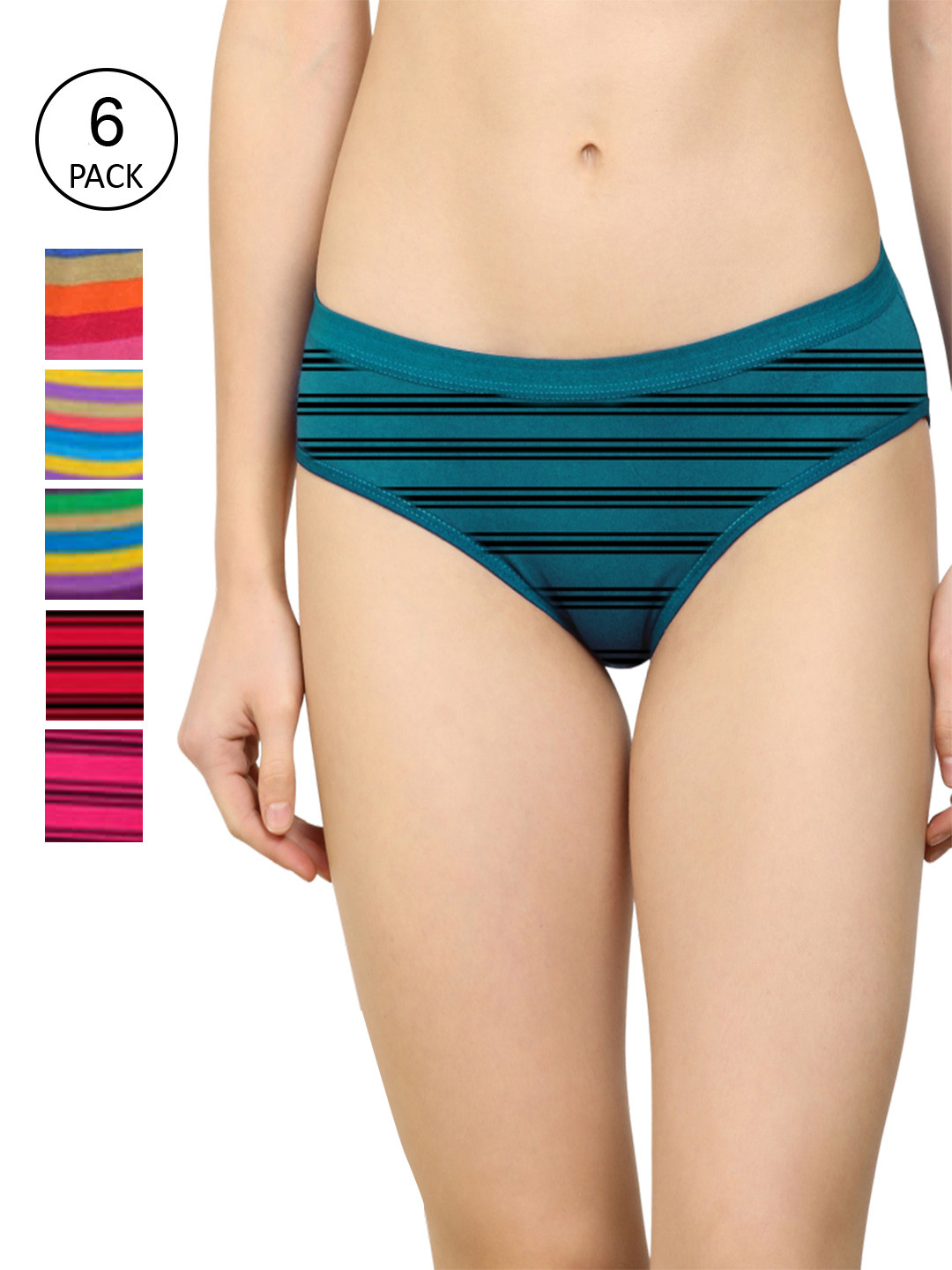 AROUSY Women Pack Of 6 Striped Pure Cotton Hipster Briefs, Teal 
AROUSY Women Pack Of 6 Striped Pure Cotton Hipster Briefs, Teal