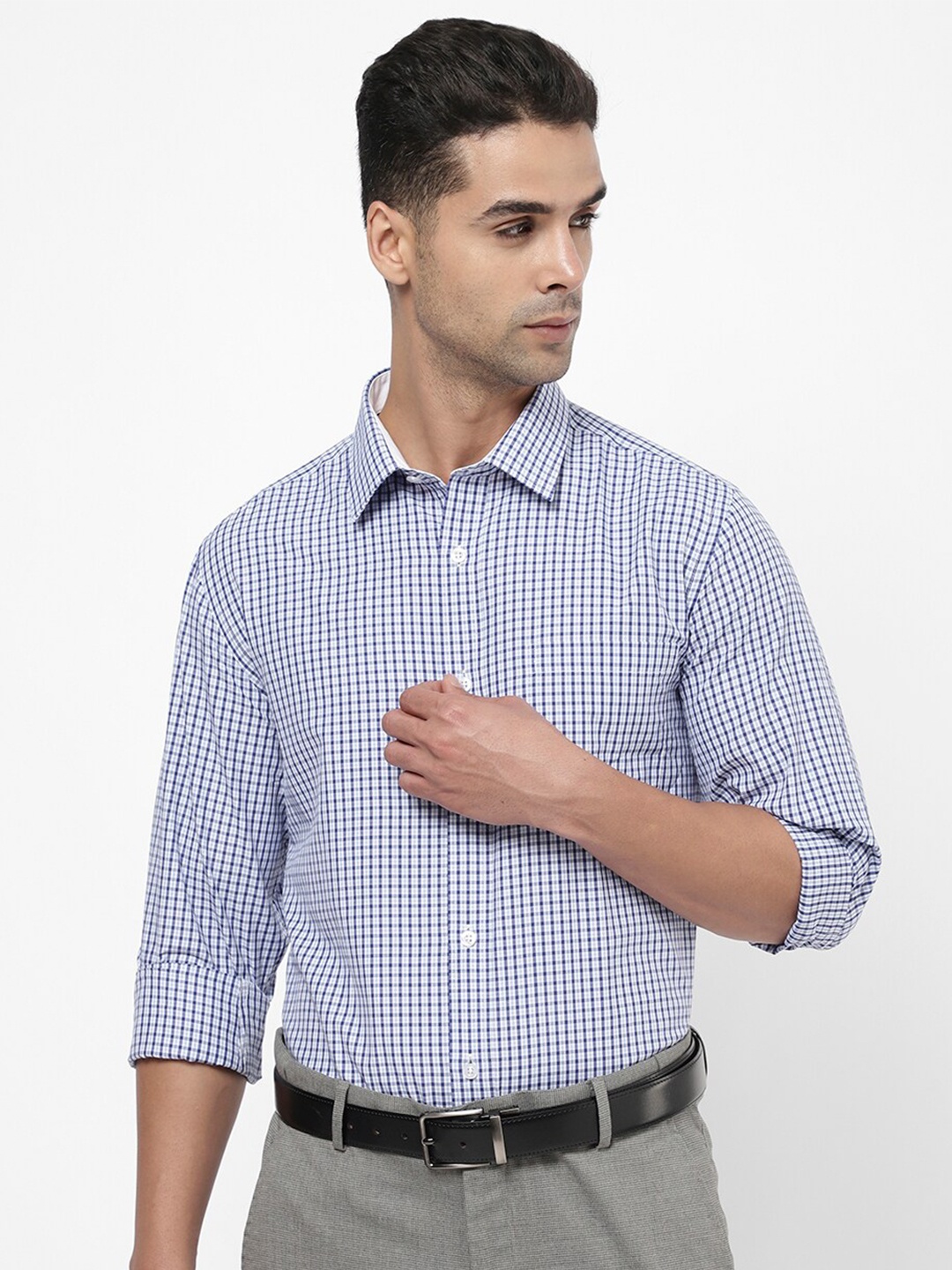 R&B Men White Checked Cotton Formal Shirt