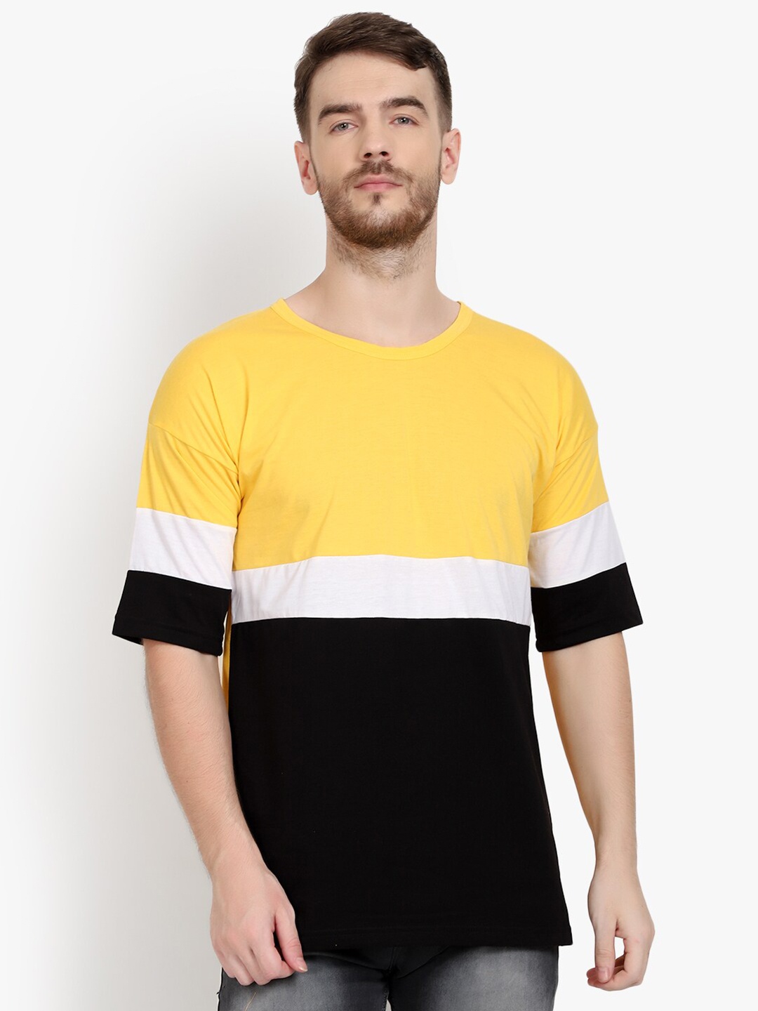 PAUSE SPORT Men Yellow & White Round Neck Cotton T-shirt
