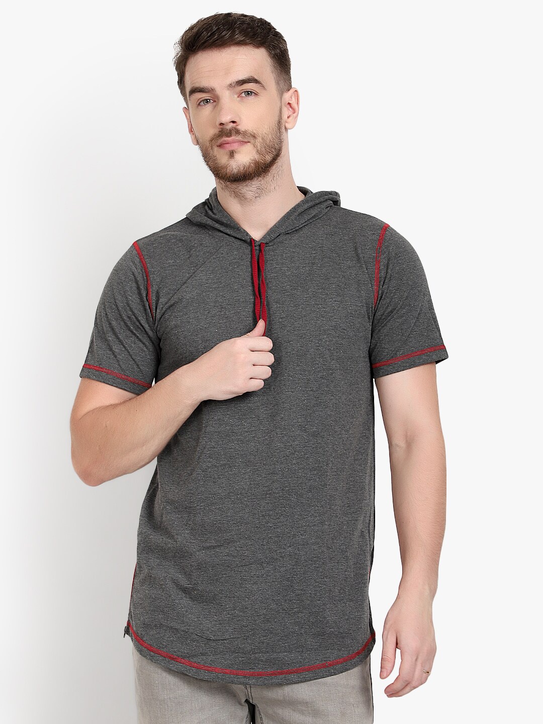 PAUSE SPORT Men Grey Hood Neck Cotton T-shirt