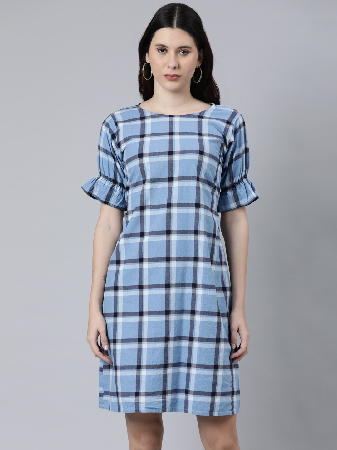 ZHEIA Blue Checked Sheath Dress
