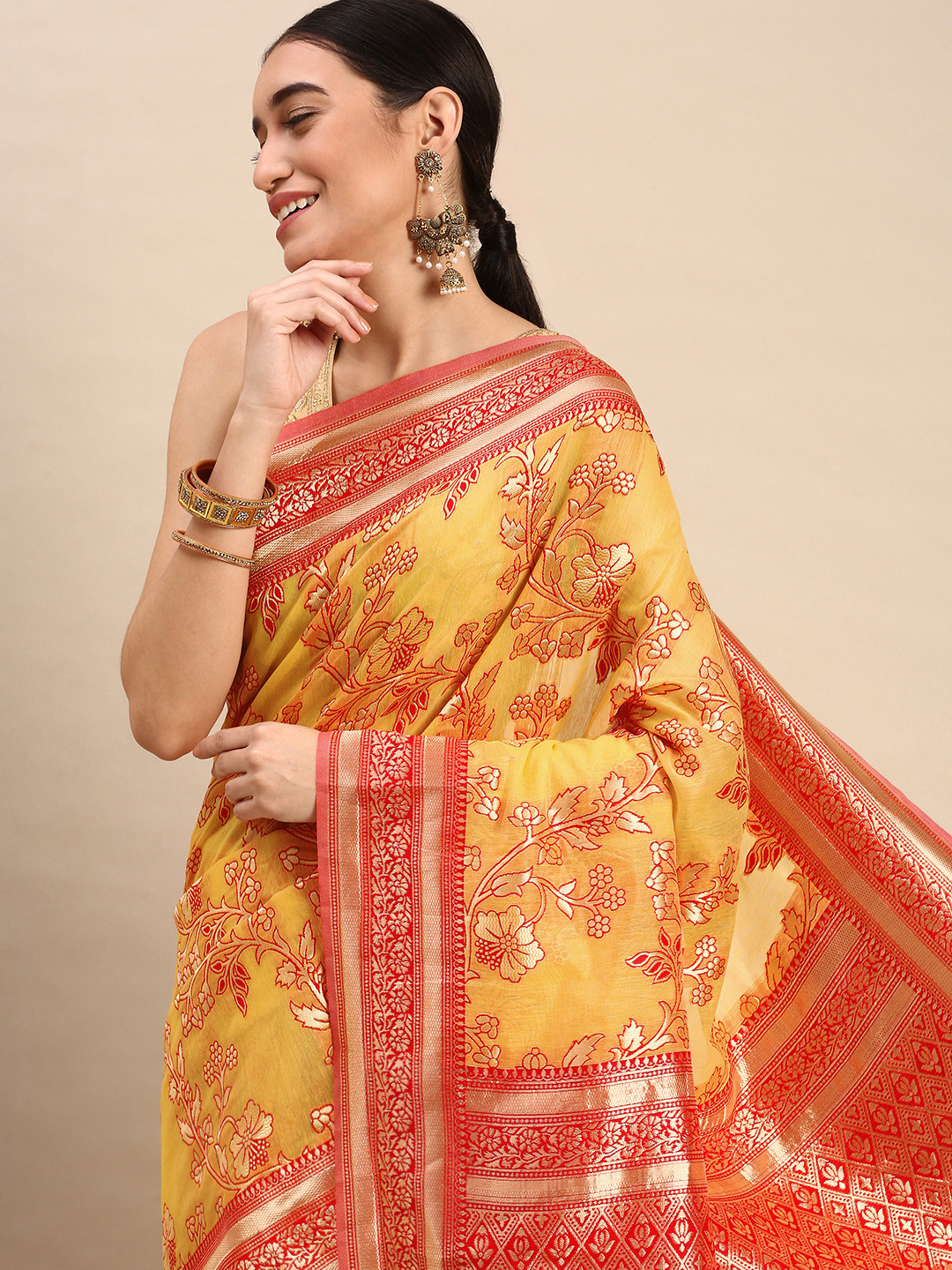 AYKA CLOTHINGS Paisley Zari Pure Cotton Banarasi Saree, Yellow
AYKA CLOTHINGS Paisley Zari Pure Cotton Banarasi Saree, Yellow
