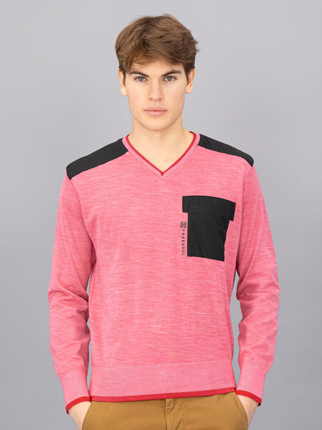FREESOUL Men Pink & Black Wool Pullover