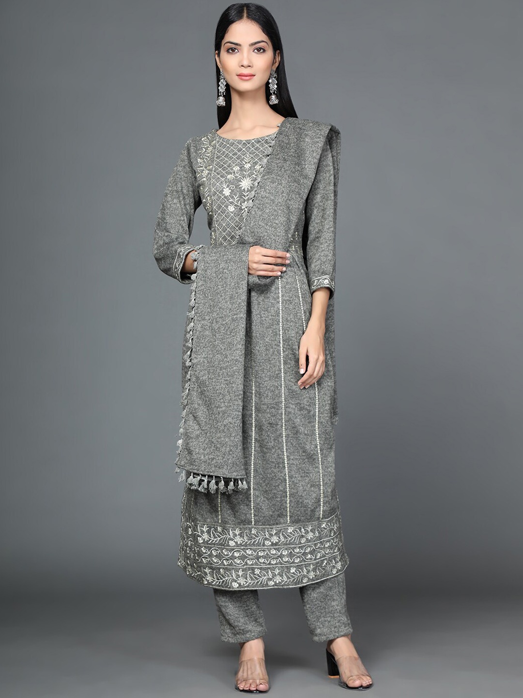 Ziva Fashion Women Grey Embroidered Sequinned Pure Wool Kurta With Trousers & With Dupatta
Ziva Fashion Women Grey Embroidered Sequinned Pure Wool Kurta With Trousers & With Dupatta