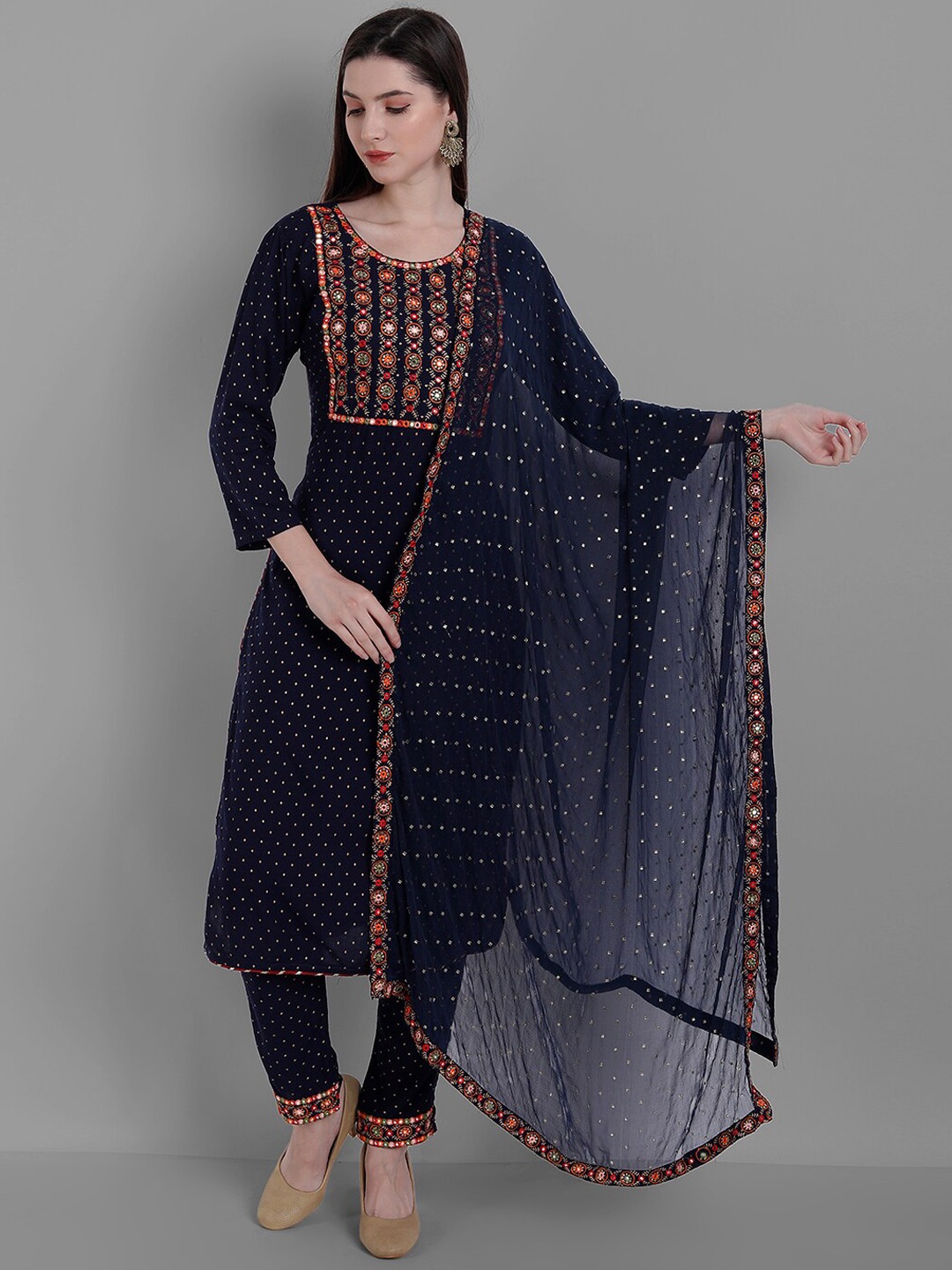 Ziva Fashion Women Navy Blue Floral Printed Mirror Work Kurta With Trousers & With Dupatta
Ziva Fashion Women Navy Blue Floral Printed Mirror Work Kurta With Trousers & With Dupatta