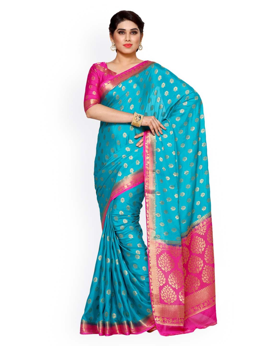 MIMOSA Turquoise Blue Poly Crepe Woven Design Kanjeevaram Saree