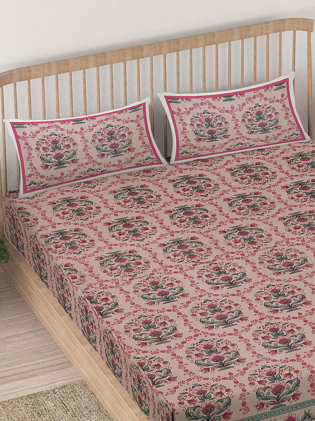 EK BY EKTA KAPOOR Pink & Green Pure Cotton 120 TC King Bedsheet With 2 Pillow Covers
EK BY EKTA KAPOOR Pink & Green Pure Cotton 120 TC King Bedsheet With 2 Pillow Covers