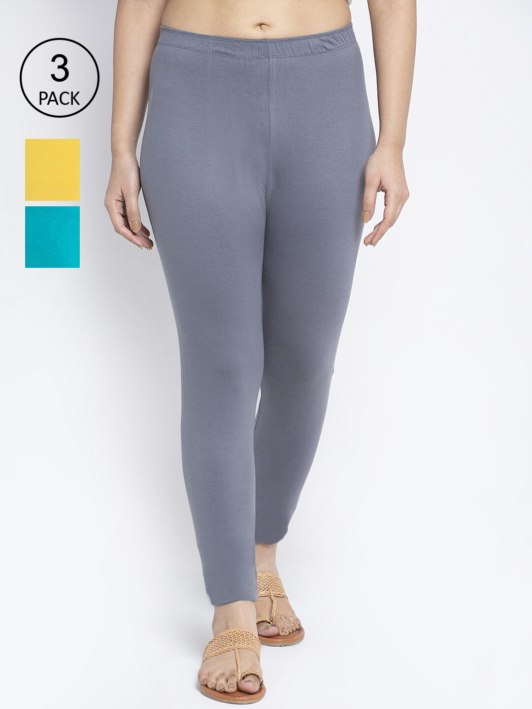 GRACIT Women Pack Of 3 Grey & Yellow Solid Ankle-Length Leggings 
GRACIT Women Pack Of 3 Grey & Yellow Solid Ankle-Length Leggings