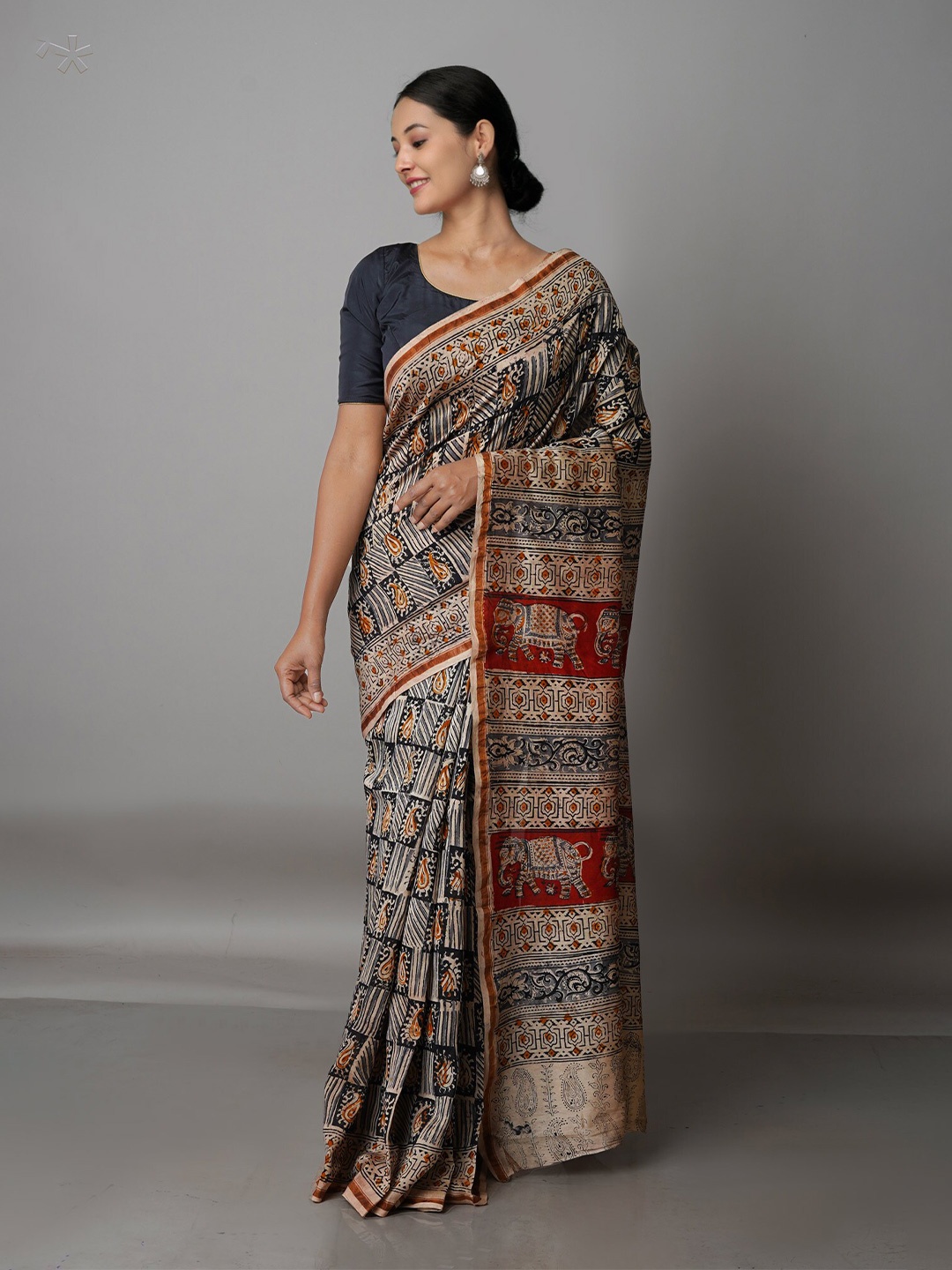 Unnati Silks Brown & Black Ethnic Motifs Silk Cotton Chanderi Saree