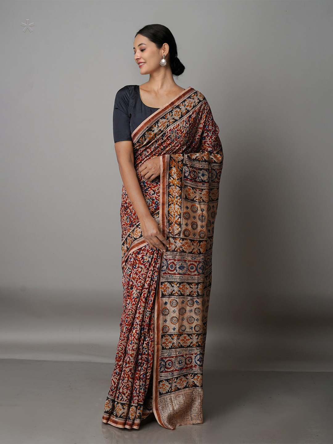 Unnati Silks Brown & Black Kalamkari Zari Silk Cotton Chanderi Saree