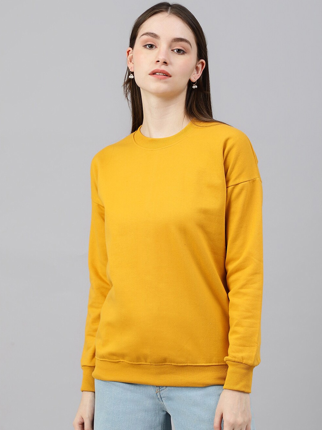 COLOR CAPITAL Women Mustard Drop Shoulder Sweatshirt