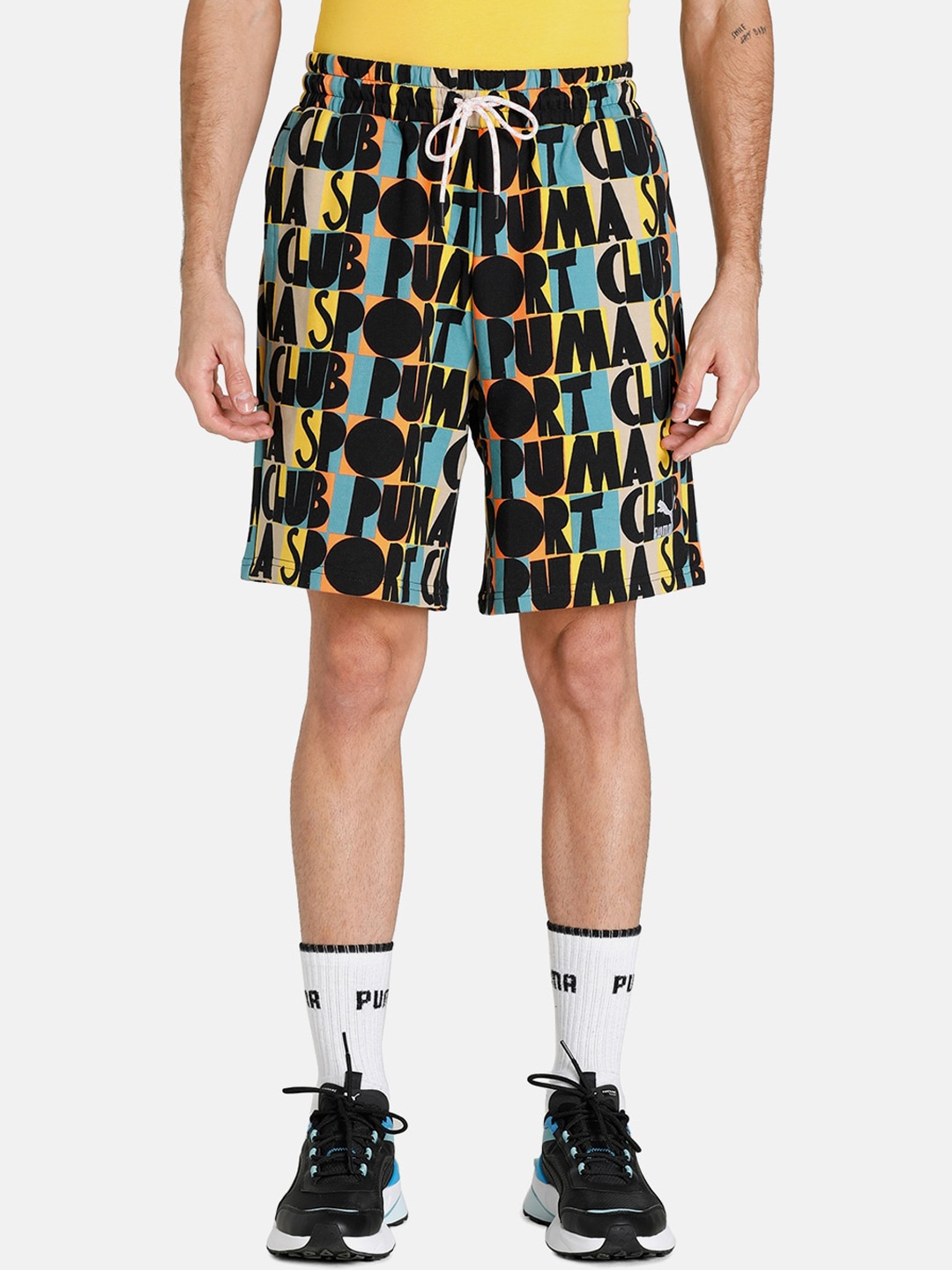 Puma Men Black & Yellow Printed Loose Fit Shorts