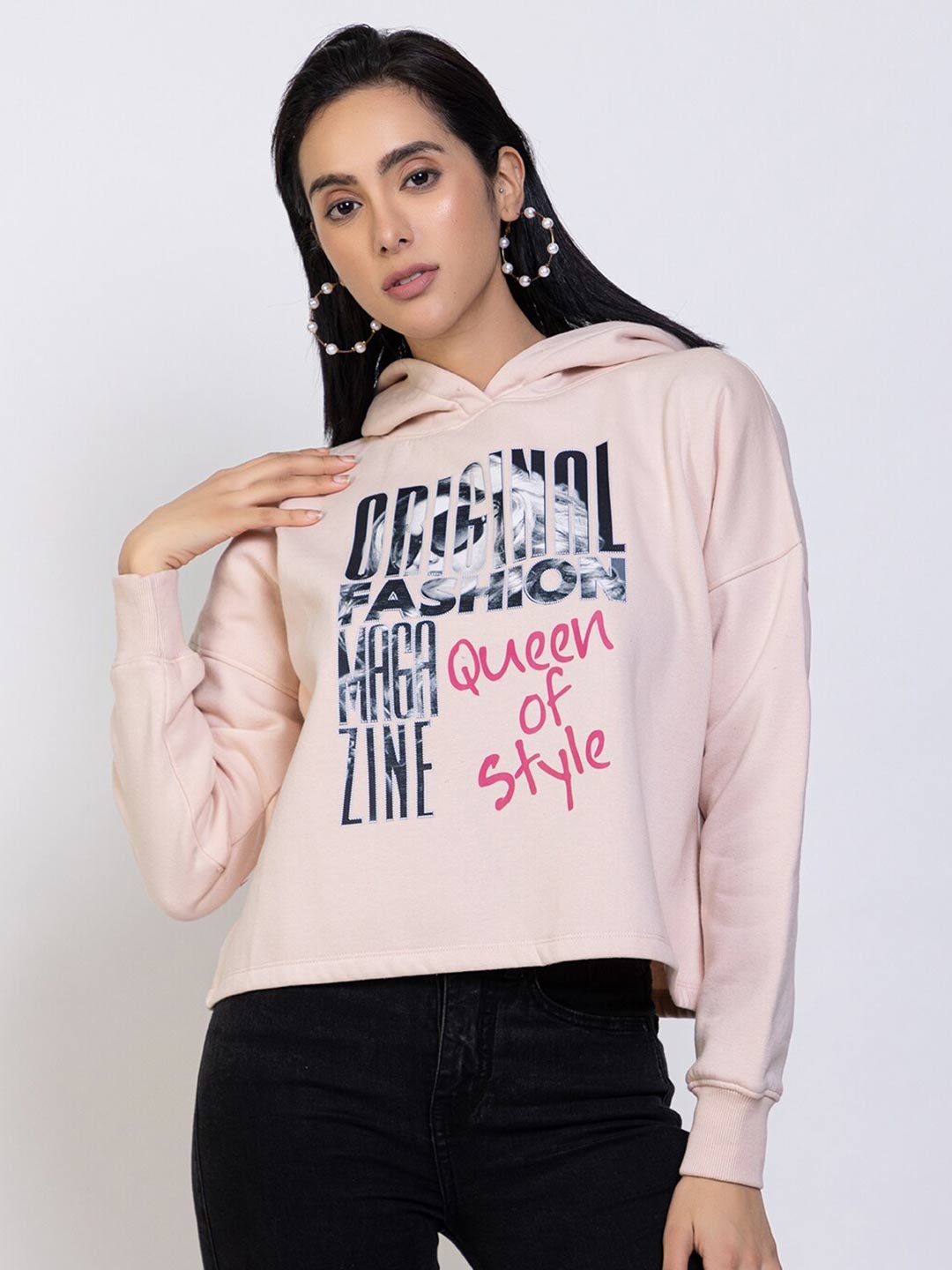 Species Women Peach-Coloured Printed Hooded Sweatshirt