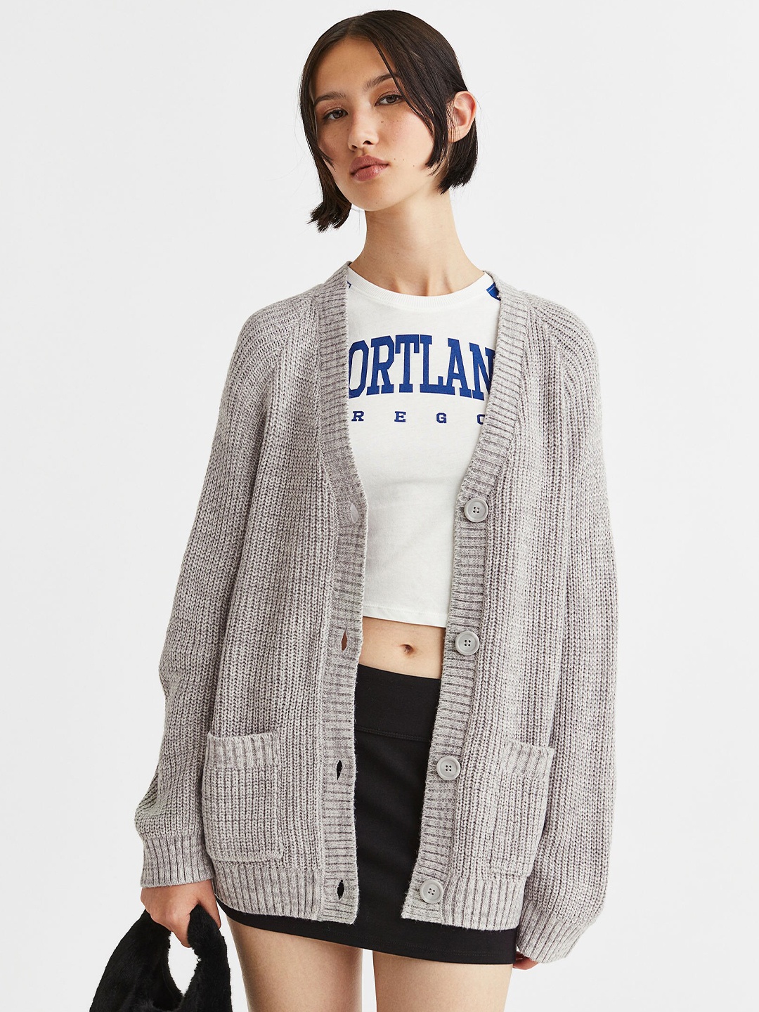 H&M Women Grey Rib-Knit Cardigan