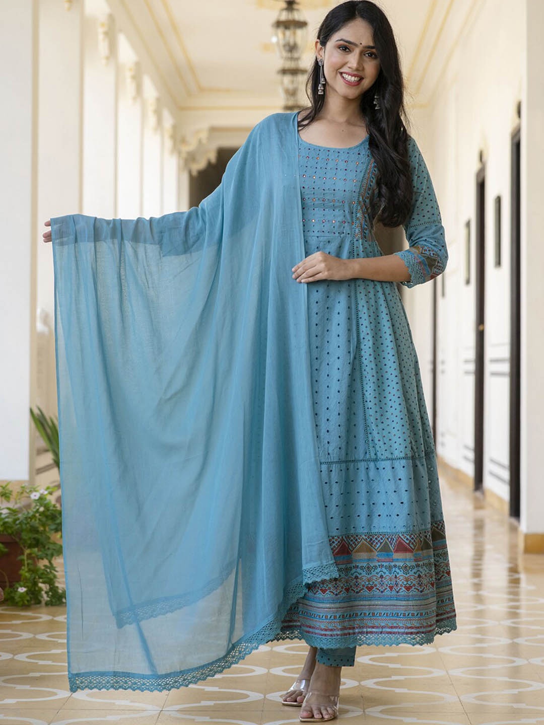 PREKSHA Women Blue Embroidered Mirror Work Pure Cotton Kurta with Trousers & With Dupatta
PREKSHA Women Blue Embroidered Mirror Work Pure Cotton Kurta with Trousers & With Dupatta